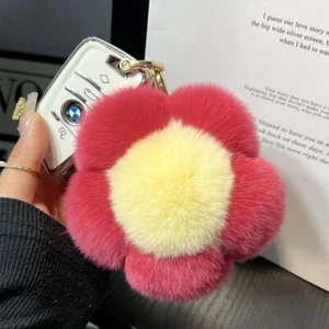 Llavero de piel de conejo real flor del sol pompón bolsa bola de piel dije teléfono colgante regalo - Imagen 1 de 8