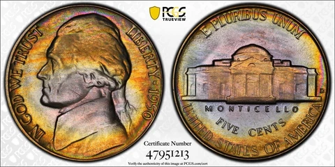 MS66 1950-D 5C Jefferson Nickel, PCGS Trueview- Pretty Rainbow Album Toned Cover