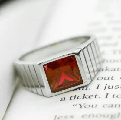 Anillo de sello de granate rojo natural de plata 925, simple piedra preciosa cuadrada de cuarzo rojo para hombre Foto 1 de 4