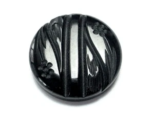 VINTAGE CARVED BAKELITE COAT BUTTON 1-5/8" BLACK FLORAL DESIGN - Picture 1 of 2