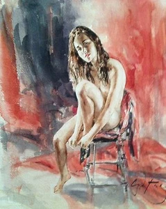 RARO EXCELENTE ORIGINAL GORDON KING ""Rojo a la luz"" bonita niña desnuda mujer PINTURA - Imagen 1 de 2