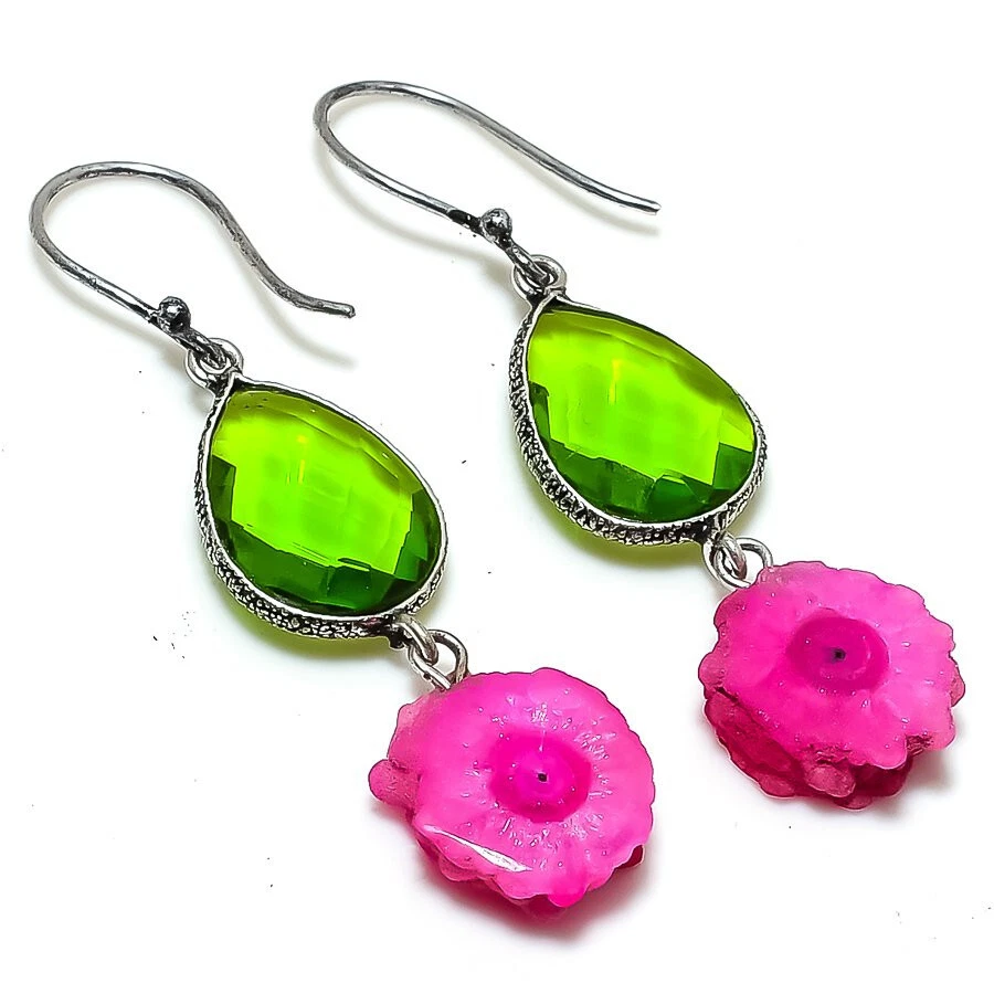 Pendientes solares de cuarzo druzy peridoto enchapados en plata joyas 2,5" Foto 1 de 1