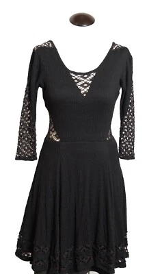 FREE PEOPLE Lace Peasant Gauze Dress Black $128 Fit & Flare Baby Doll Size XS - Image 1 of 4
