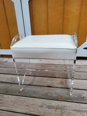Vintage MCM Stool Seat Vanity Lucite Acrylic White Vinyl Bench by RIALTO Cover