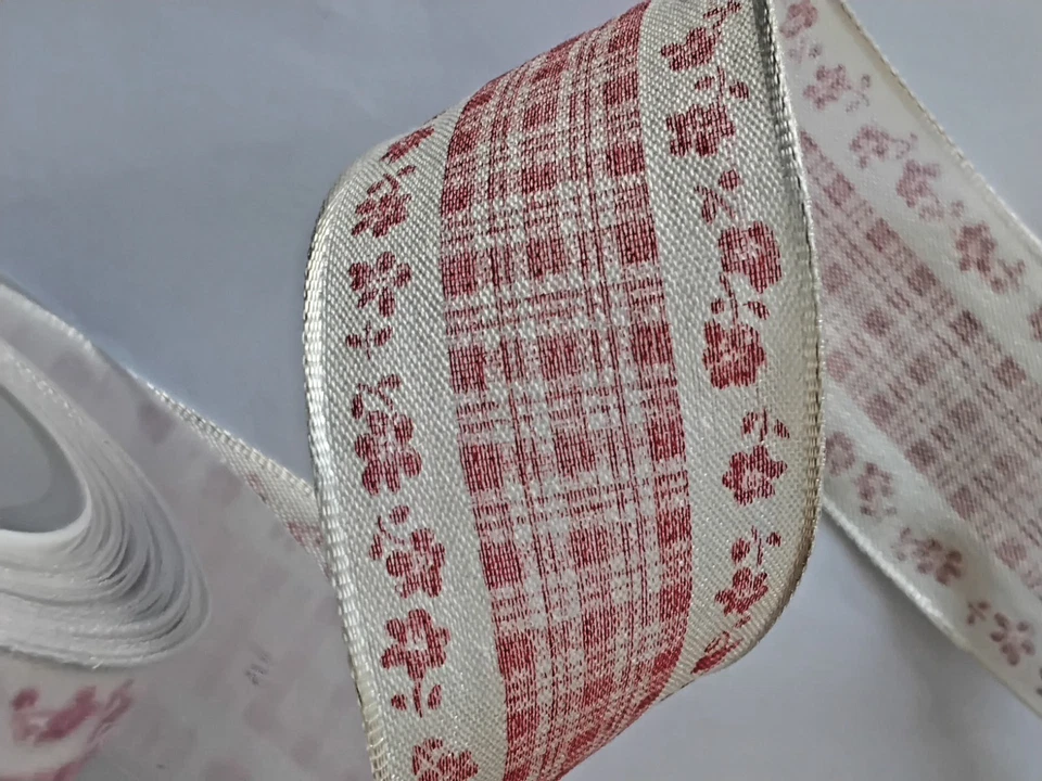 Dekoband "Blumenbordüre rot, 40mm mit Draht , 2 m - Bild 1 von 1