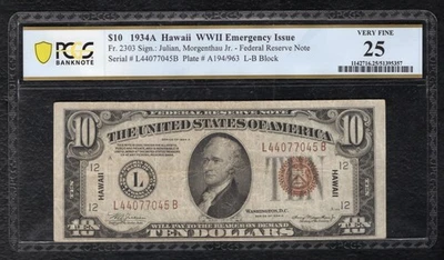 FR. 2303 1934-A $10 “HAWAII” FRN FEDERAL RESERVE NOTE PCGS BANKNOTE VERY FINE-25 - Image 1 of 2
