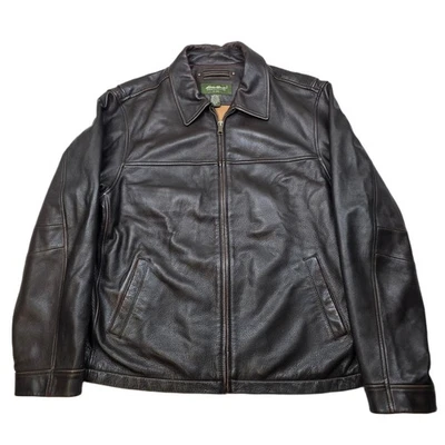 Eddie Bauer Leather Jacket Mens XL Brown Full Zip Bomber Fligher Heavy Vintage - Image 1 of 4