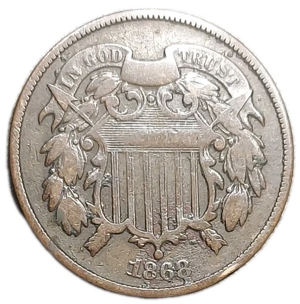 1868 US Two Cent 2c Piece 2 Cents Shield Motto Post Civil War Historical Coin - Image 1 of 4
