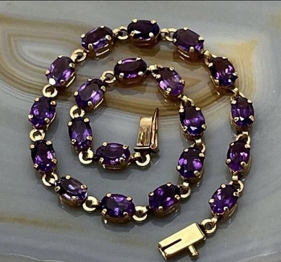 10K 黄金紫水晶石椭圆形链接精致网球 7 1/4 英寸手链 4.7 克 — 第 1/4 张图片