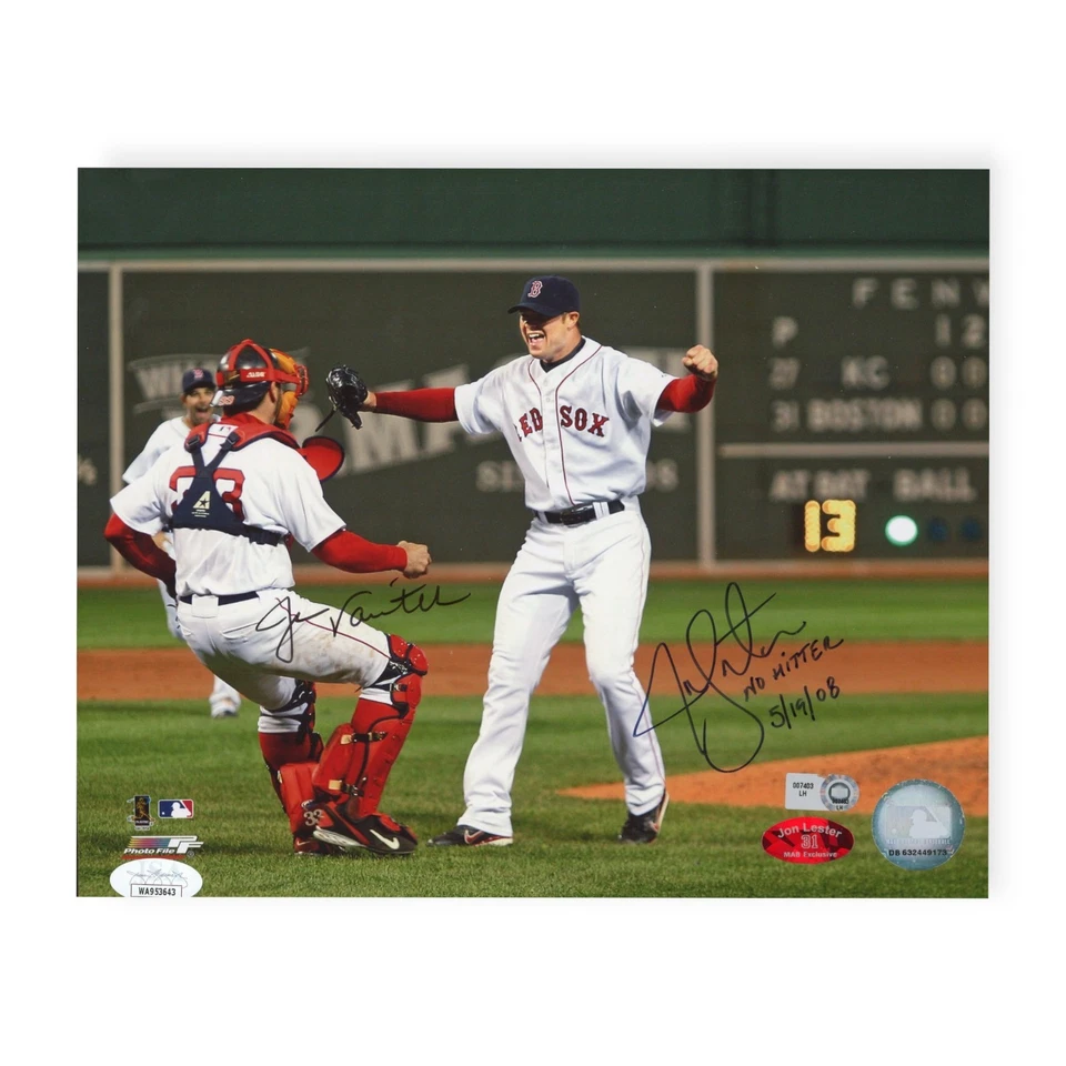 Jason Varitek & Jon Lester Signed Autographed 8x10 Photo No Hitter Inscription - Image 1 of 1