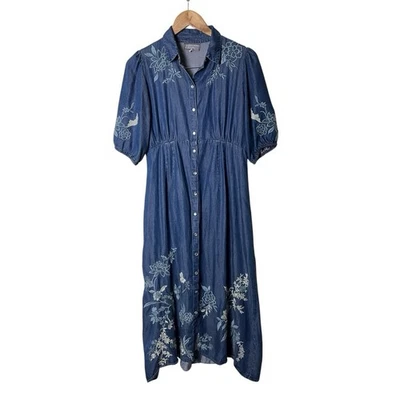 JOHNNY WAS Jacqueline Puff Sleeve Midi Shirtdress Blue Embroidered Floral XS - Image 1 of 4