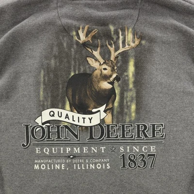 John Deere Hoodie Mens Large Gray Pullover Fleece Deer Graphic Workwear Hunting - Image 1 of 4