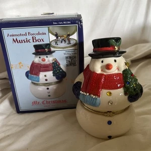 Mr Christmas Snowman Musical Figurine 6.5” Trinket Box Ice Skating People Windup - Picture 1 of 6