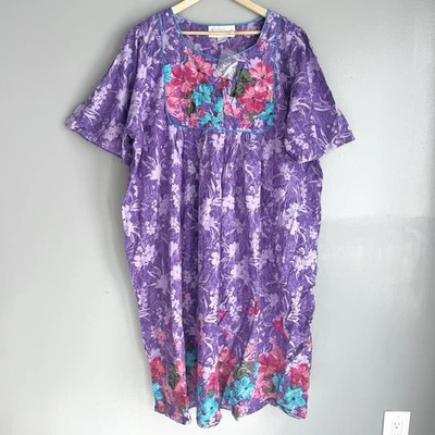 Comfort Choice Nightgown Floral Purple Colorful Cotton Short Sleeve Midi 2X NEW - Image 1 of 4