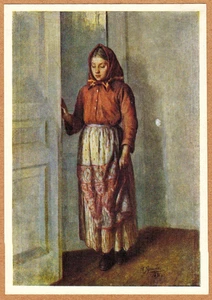 N.Yaroshenko 1956 Russian postcard PEASANT GIRL AT THE DOOR Scarf Apron - Foto 1 di 2