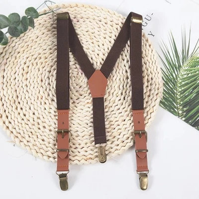 Men's Y-Back Suspenders Adjustable Leather Elastic Pants Braces with Hooks - Image 1 of 4