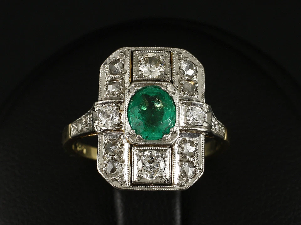 Antiker Smaragd Diamant Ring ca. 1,10ct  585/- Gelbgold & Platin - Bild 1 von 1