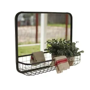 Modern Minimalist Rectangle Metal Frame Entryway Mirror Wire Basket Shelf - Picture 1 of 4