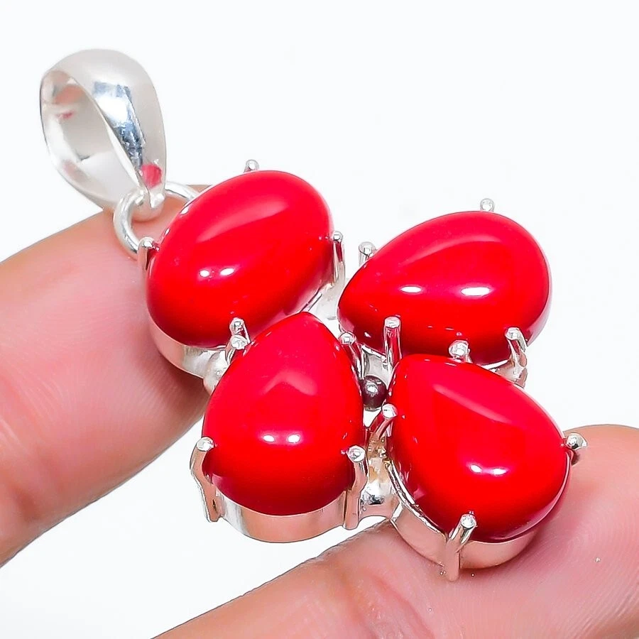 Colgante de joyería de plata de ley 925 hecho a mano con piedras preciosas de coral rojo tamaño 2" Foto 1 de 1