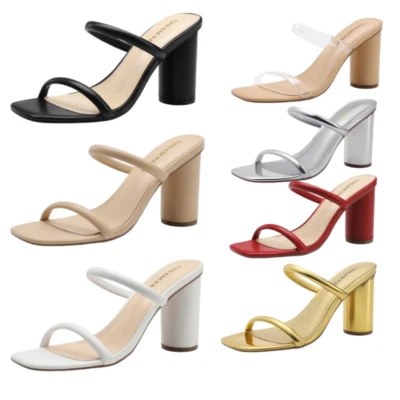 Sandalias deslizables de tacón alto grueso con punta abierta cuadrada para boda fiesta Foto 1 de 2