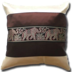 Handmade Thai Silk Pillow Cover in Two-Tone brown with Elephant Design Home - Picture 1 of 1