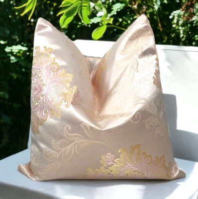 Peach Pink Orange Tint Big Damask Shimmering Fabric Cushion Covers 18 X 18" Inch - Image 1 of 4