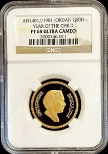 AH 1401 // 1981 GOLD JORDAN 60 DINARS YEAR OF THE CHILD NGC PROOF 68 ULTRA CAMEO - Picture 1 of 2