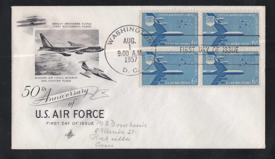 USA 1957 FIRST DAY COVER 50th ANNIV OF U S AIRFORCE BLOCK OF 4 + CACHET - Image 1 of 1
