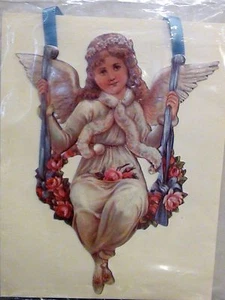 Victorian Greeting Card Hanging Satin Ribbon Embossed Angel Floral Swing - Picture 1 of 2