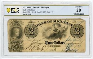 1839 $2 The Bank of Michigan - Detroit, MICHIGAN Note PCGS Banknote VF 20