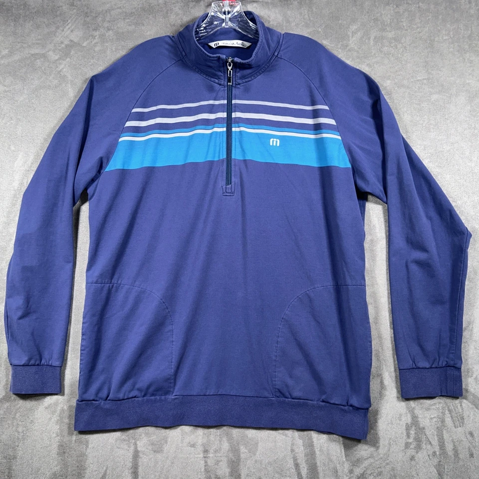 Pullover Travis Mathew Para Hombres XL Azul Rayas 1/4 Bolsillos con Cremallera Rendimiento Elástico Foto 1 de 4