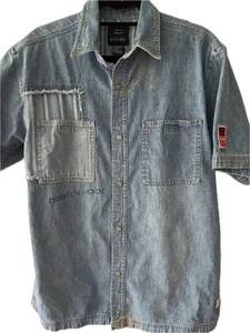 Mens Bugle Boy Jeans Snap Down Medium Polo Short Sleeve Denim shirt patch work M - Picture 1 of 3