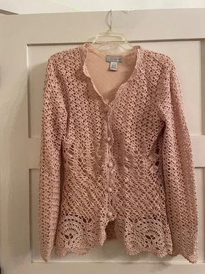 Cárdigan vintage Spiegel melocotón ganchillo tejido forrado botón dobladillo festoneado mediano Foto 1 de 3