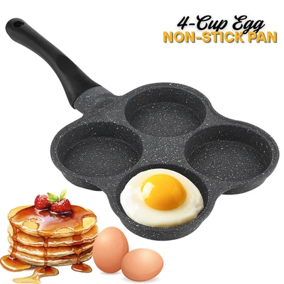 4 Hole Cup Egg Hamburger Pancake Maker Non-Stick Frying Pan with Wooden Handle - Image 1 of 4