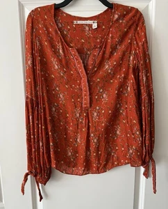 BOHO Chelsea & Violet Top Women’s Sz S Orange Floral Bell Tie Sleeve V Neck - Picture 1 of 10