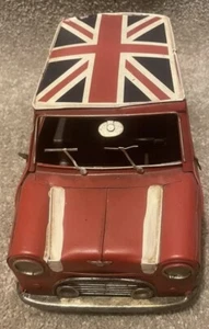 Metal Vintage Classic Red Mini Cooper Tin Model Car w British Flag Roof 11” X 5” - Picture 1 of 8