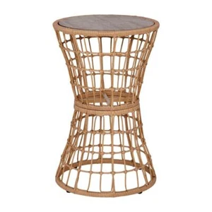 TAYLOR + LOGAN Outdoor Side Table 25" Round Wicker/Rattan Wood Steel Frame Brown - Picture 1 of 6