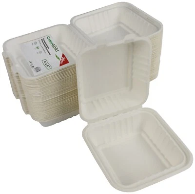 CATERGOLD Disposable Bagasse Clamshell Boxes Takeaway Food Containers 6'' x 6" Compostable