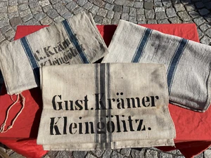 4/16/824 Leinensack 3x Mehlsack Bauernleinen bedruckt mit Streifen antik - Bild 1 von 8
