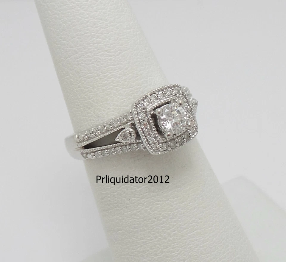 1/2CT Natural Diamond Halo Engagement Wedding Ring Bridal 10K White Gold Band - Image 1 of 4