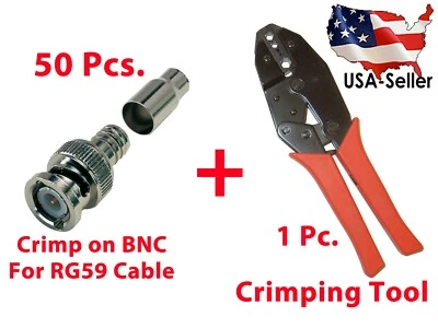50x Crimp on BNC Male Connector for CCTV Siamase RG59 Cable Wire + Crimping Tool - Image 1 of 4