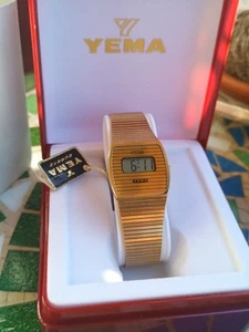Vintage LCD Digital Watch Yema Gold Tone Ultra Thin NOS With Box - Picture 1 of 6