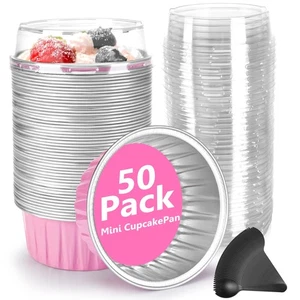 Disposable Ramekins 50 Packs with Lids and Spoons,Mini Cake Pans Round Alumin... - Picture 1 of 7