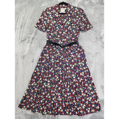 Vestido Camisa Vintage Años 80 Leslie Fay Floral Cinturón Cintura Caída Talla 6P Negro Oficina Foto 1 de 4