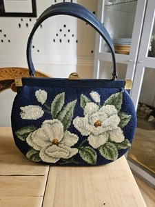 Vintage Needlepoint Tapestry Magnolia Flower Motif Navy Purse Handbag - Picture 1 of 9