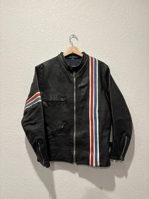 VTG 70s British Black Leather Racing Stripe Cafe Racer Motorcycle Jacket Biker M - Image 1 of 4