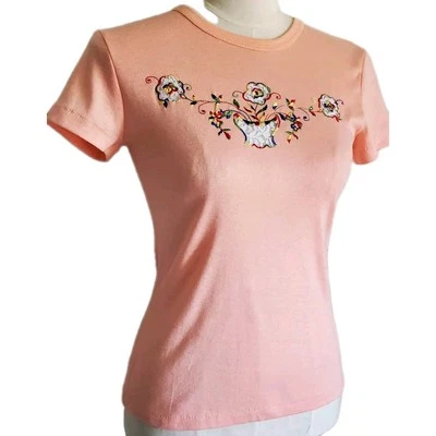VTG 70s Fitted Cotton T-Shirt w Lace Inserts Rainbow Color Embroidery in Peach S - Image 1 of 4