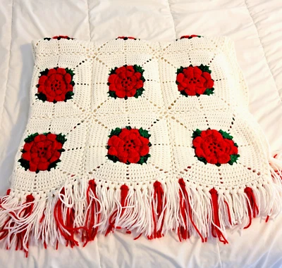 Manta afgana cuadrada 3D abuela rosas rojas flor de pascua grande 86"x56" cubierta de cama de colección Foto 1 de 4