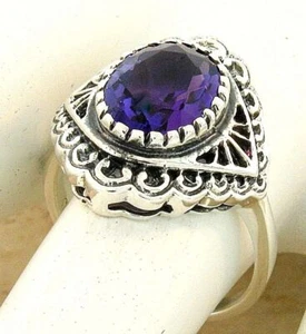 ANTIQUE STYLE 925 STERLING SILVER LAB-CREATED AMETHYST FILIGREE RING       #1108 - Picture 1 of 4