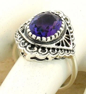 ANTIQUE STYLE 925 STERLING SILVER LAB-CREATED AMETHYST FILIGREE RING       #1108 - Image 1 of 4